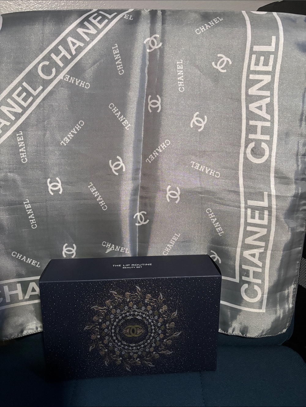 CHANEL Silver Gray Logo Silk Scarf